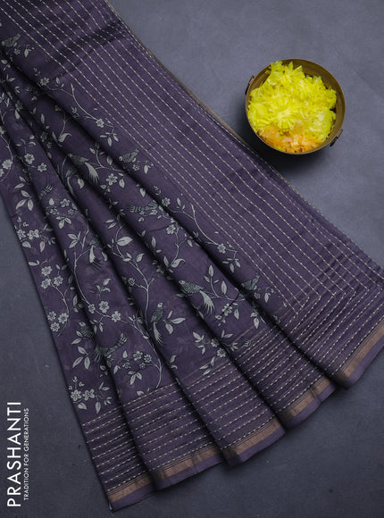 Chanderi silk cotton saree jamun shade with allover prints and kantha stitch work border