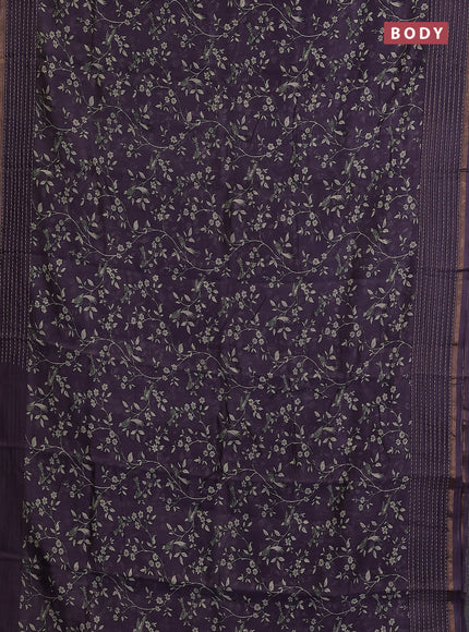 Chanderi silk cotton saree jamun shade with allover prints and kantha stitch work border