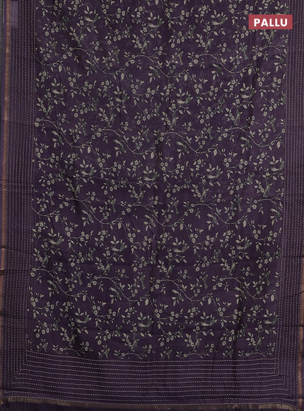 Chanderi silk cotton saree jamun shade with allover prints and kantha stitch work border