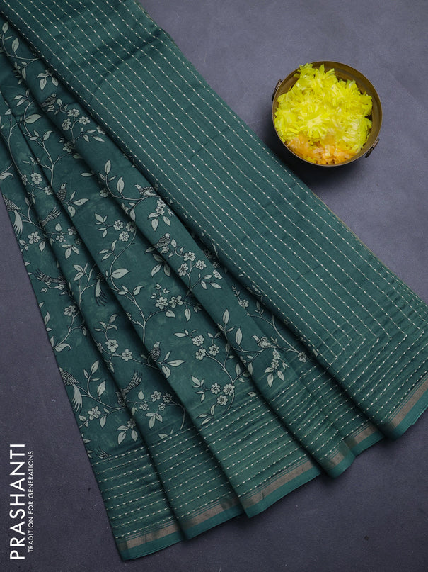 Chanderi silk cotton saree teal green with allover prints and kantha stitch work border