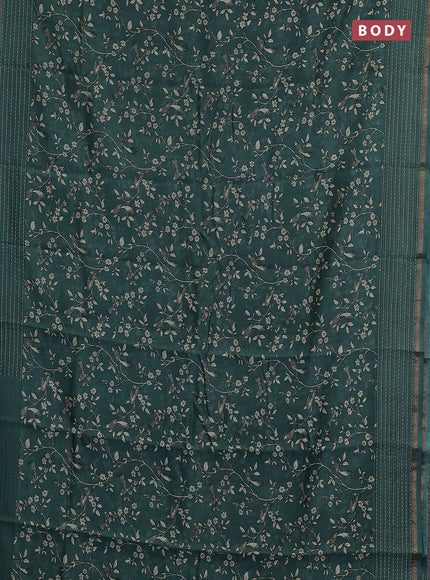 Chanderi silk cotton saree teal green with allover prints and kantha stitch work border