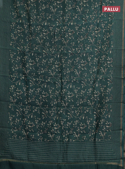 Chanderi silk cotton saree teal green with allover prints and kantha stitch work border