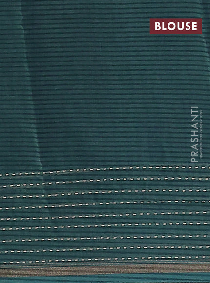 Chanderi silk cotton saree teal green with allover prints and kantha stitch work border