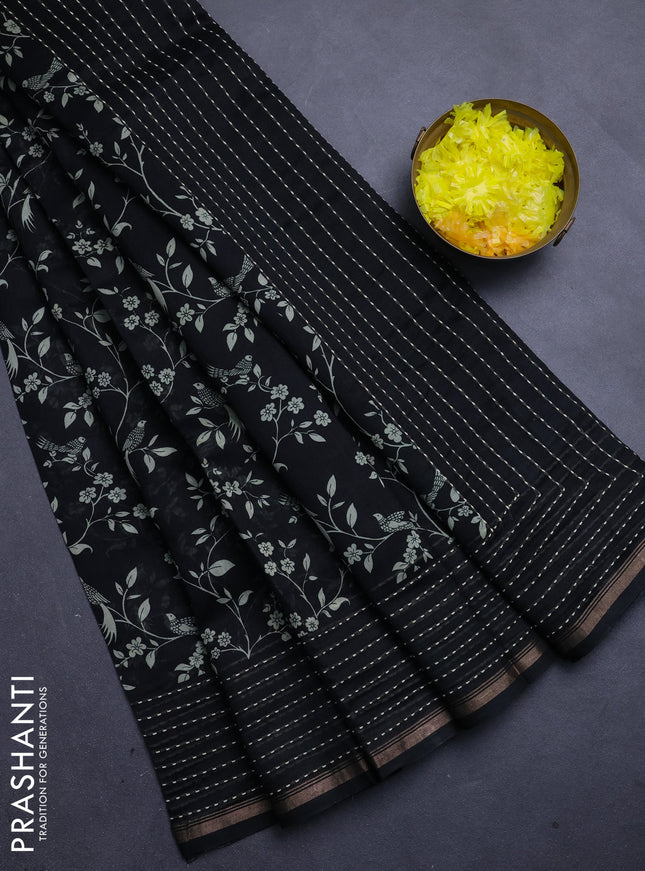 Chanderi silk cotton saree black with allover prints and kantha stitch work border