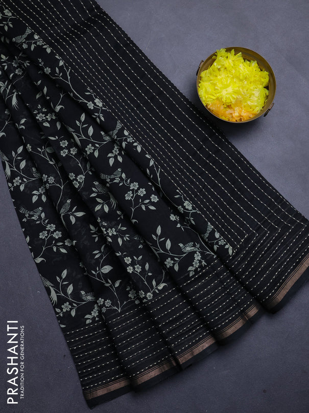 Chanderi silk cotton saree black with allover prints and kantha stitch work border