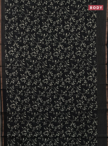 Chanderi silk cotton saree black with allover prints and kantha stitch work border