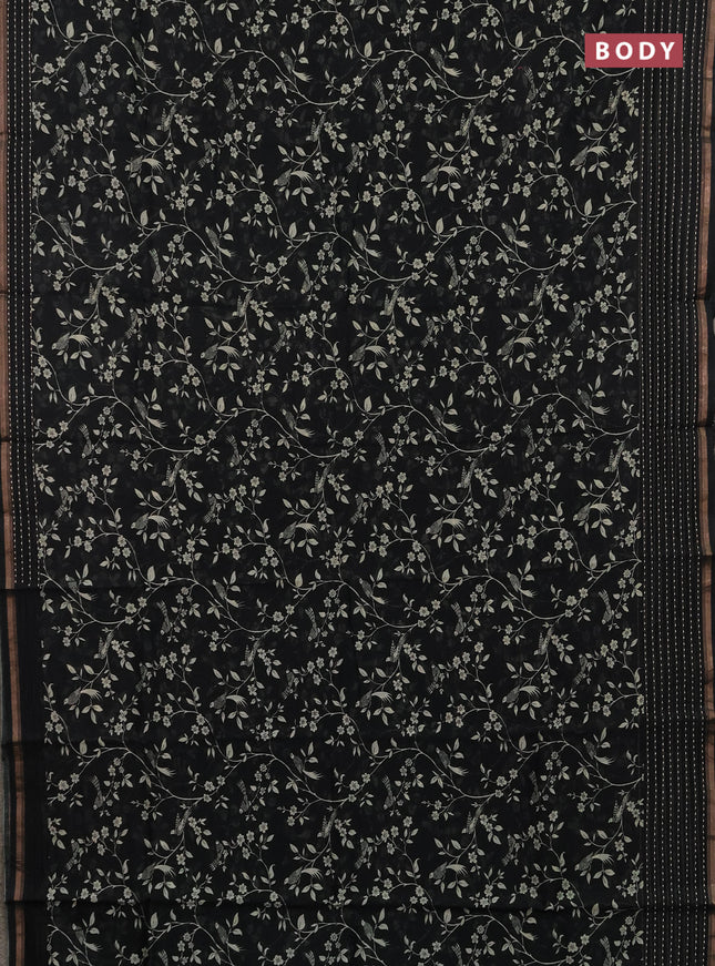Chanderi silk cotton saree black with allover prints and kantha stitch work border