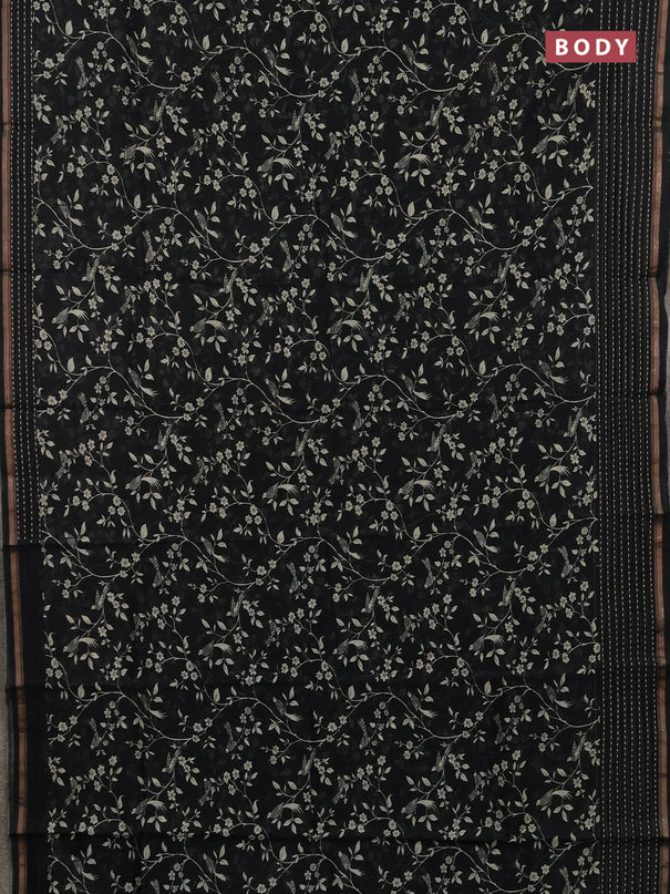 Chanderi silk cotton saree black with allover prints and kantha stitch work border