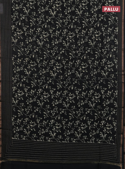 Chanderi silk cotton saree black with allover prints and kantha stitch work border