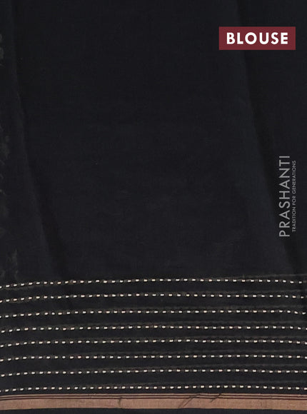 Chanderi silk cotton saree black with allover prints and kantha stitch work border