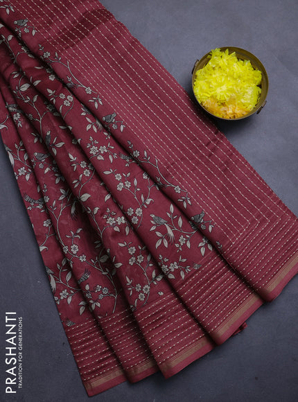Chanderi silk cotton saree maroon shade with allover prints and kantha stitch work border