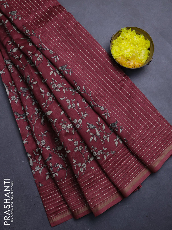 Chanderi silk cotton saree maroon shade with allover prints and kantha stitch work border