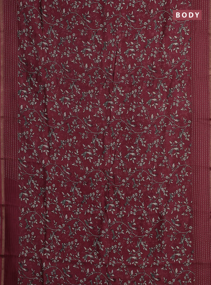 Chanderi silk cotton saree maroon shade with allover prints and kantha stitch work border