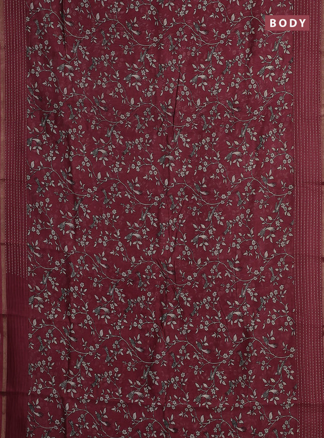Chanderi silk cotton saree maroon shade with allover prints and kantha stitch work border