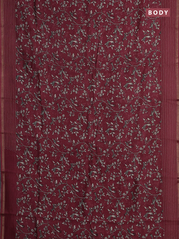 Chanderi silk cotton saree maroon shade with allover prints and kantha stitch work border