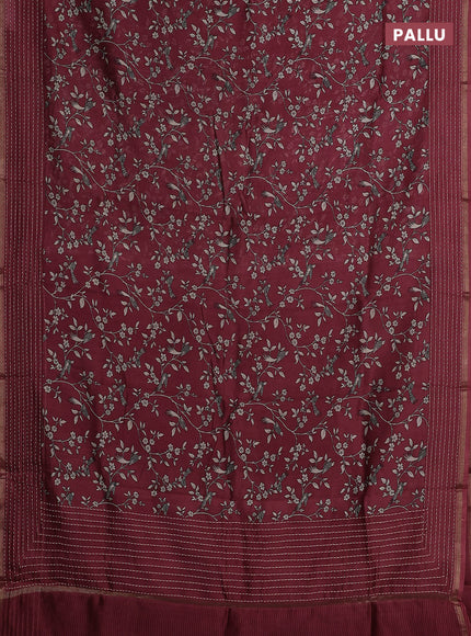 Chanderi silk cotton saree maroon shade with allover prints and kantha stitch work border