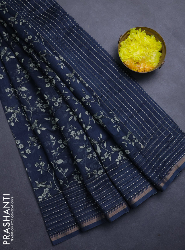 Chanderi silk cotton saree dark peacock with allover prints and kantha stitch work border