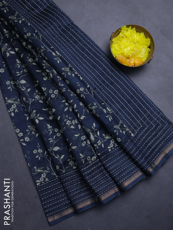 Chanderi silk cotton saree dark peacock with allover prints and kantha stitch work border
