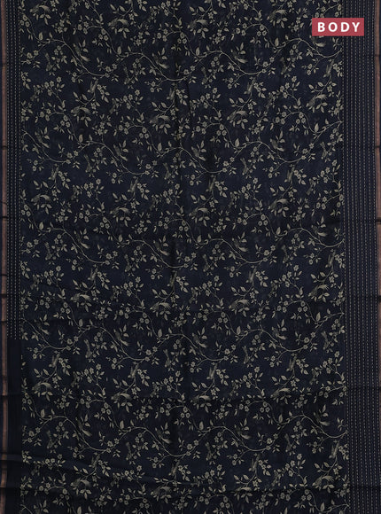 Chanderi silk cotton saree dark peacock with allover prints and kantha stitch work border