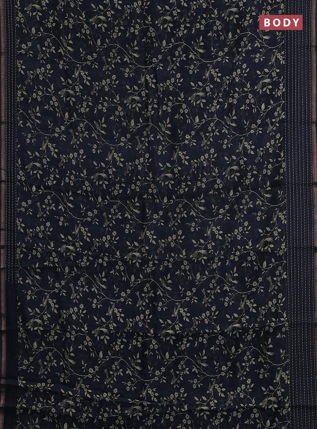 Chanderi silk cotton saree dark peacock with allover prints and kantha stitch work border