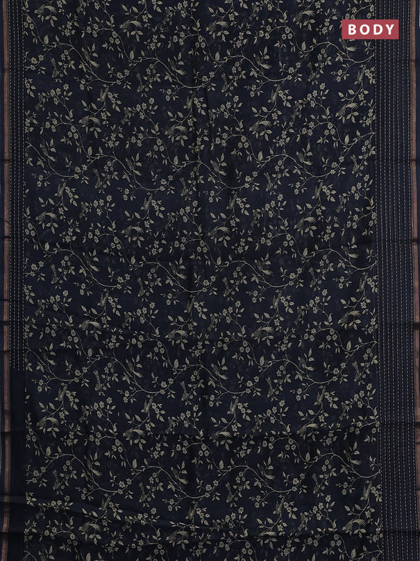 Chanderi silk cotton saree dark peacock with allover prints and kantha stitch work border
