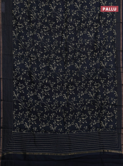 Chanderi silk cotton saree dark peacock with allover prints and kantha stitch work border