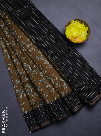 Chanderi silk cotton saree dark mustard and black with allover prints and kantha stitch work border