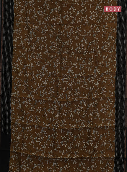 Chanderi silk cotton saree dark mustard and black with allover prints and kantha stitch work border