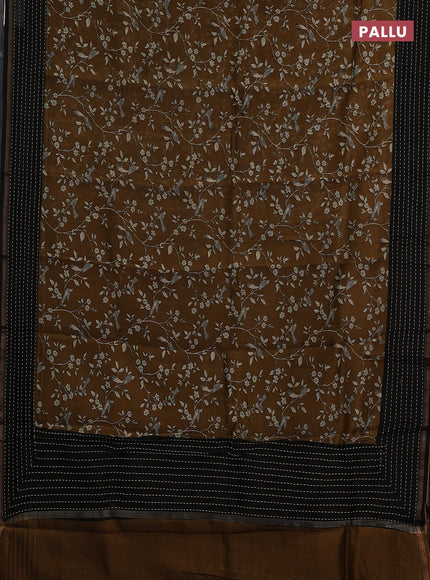 Chanderi silk cotton saree dark mustard and black with allover prints and kantha stitch work border