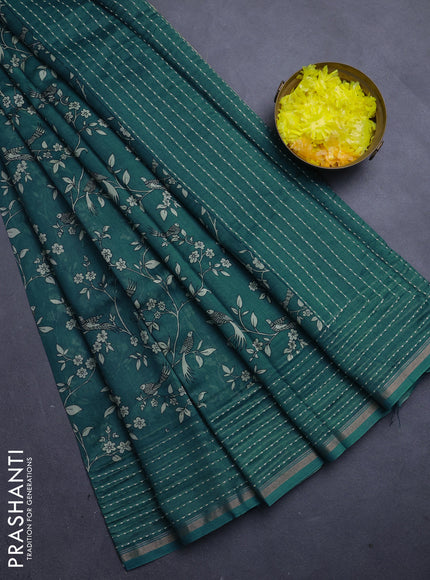 Chanderi silk cotton saree teal green with allover prints and kantha stitch work border