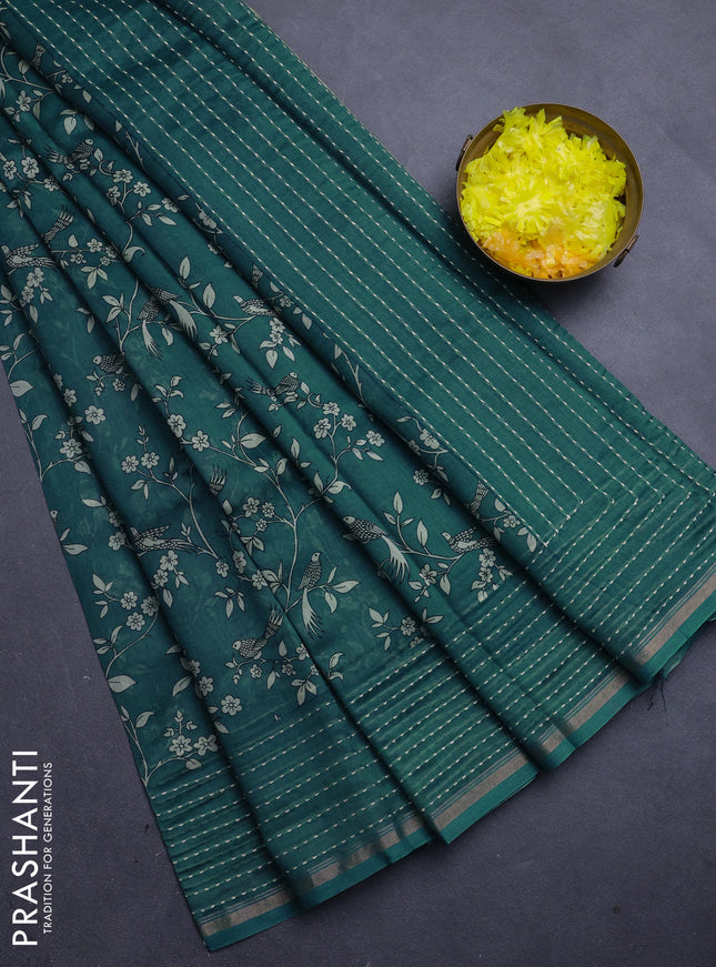 Chanderi silk cotton saree teal green with allover prints and kantha stitch work border