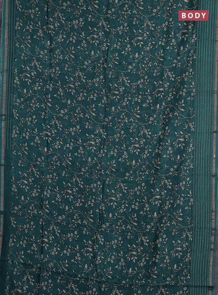 Chanderi silk cotton saree teal green with allover prints and kantha stitch work border
