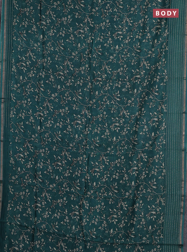 Chanderi silk cotton saree teal green with allover prints and kantha stitch work border