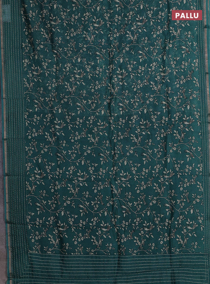 Chanderi silk cotton saree teal green with allover prints and kantha stitch work border