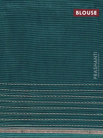 Chanderi silk cotton saree teal green with allover prints and kantha stitch work border
