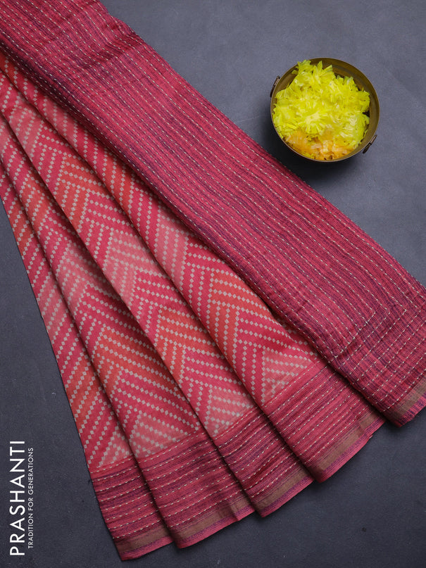Chanderi silk cotton saree peach with allover zigzag geometric prints and kantha stitch work border
