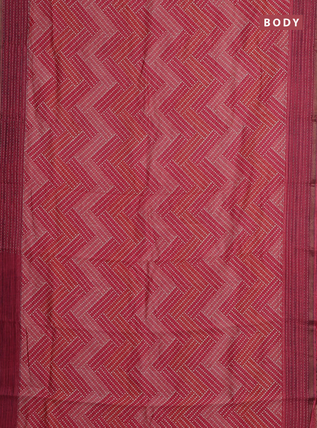 Chanderi silk cotton saree peach with allover zigzag geometric prints and kantha stitch work border