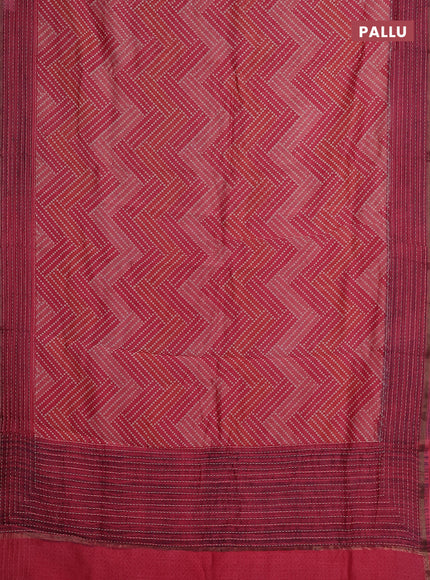 Chanderi silk cotton saree peach with allover zigzag geometric prints and kantha stitch work border