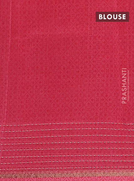 Chanderi silk cotton saree peach with allover zigzag geometric prints and kantha stitch work border