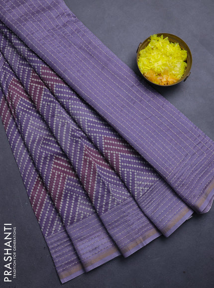 Chanderi silk cotton saree mild lavender with allover zigzag geometric prints and kantha stitch work border