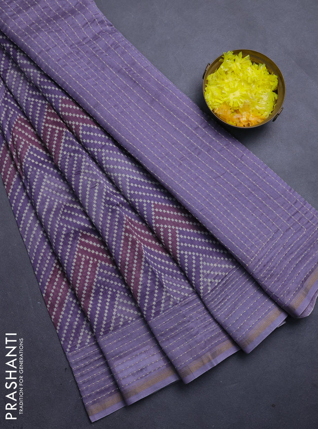 Chanderi silk cotton saree mild lavender with allover zigzag geometric prints and kantha stitch work border