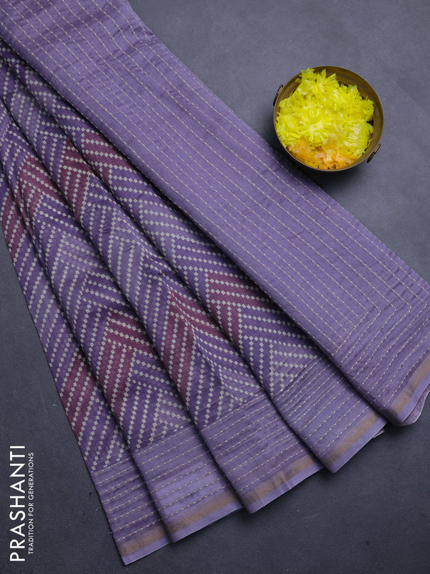 Chanderi silk cotton saree mild lavender with allover zigzag geometric prints and kantha stitch work border