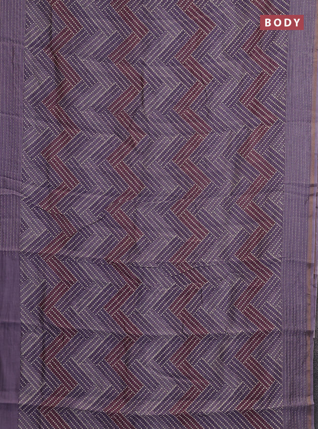 Chanderi silk cotton saree mild lavender with allover zigzag geometric prints and kantha stitch work border