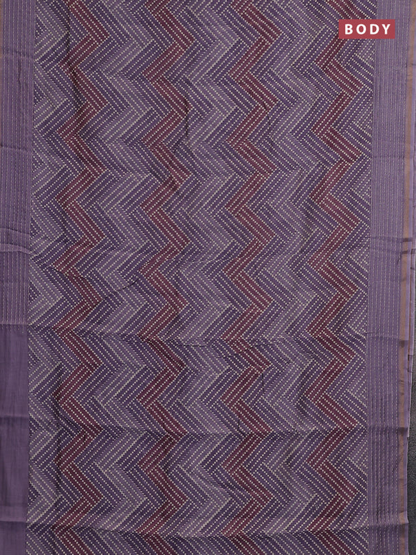 Chanderi silk cotton saree mild lavender with allover zigzag geometric prints and kantha stitch work border