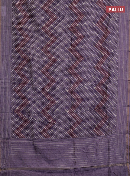 Chanderi silk cotton saree mild lavender with allover zigzag geometric prints and kantha stitch work border