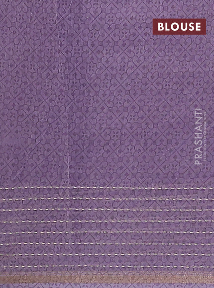Chanderi silk cotton saree mild lavender with allover zigzag geometric prints and kantha stitch work border