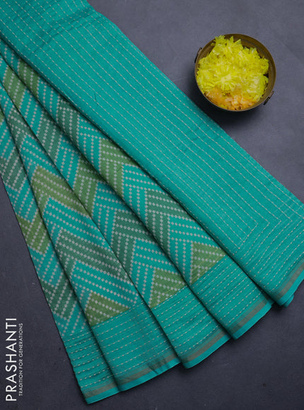 Chanderi silk cotton saree teal green with allover zigzag geometric prints and kantha stitch work border