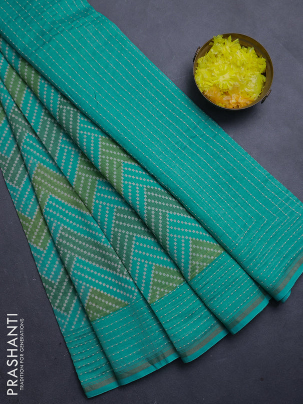 Chanderi silk cotton saree teal green with allover zigzag geometric prints and kantha stitch work border