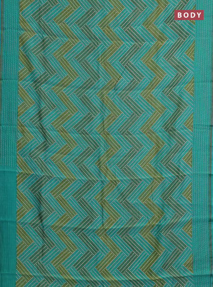 Chanderi silk cotton saree teal green with allover zigzag geometric prints and kantha stitch work border