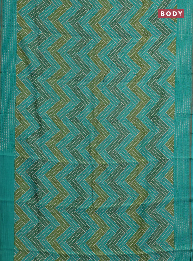 Chanderi silk cotton saree teal green with allover zigzag geometric prints and kantha stitch work border